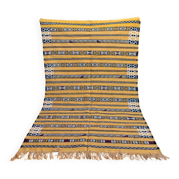 Tapis Kilim berbère jaune fait main 226 x 150