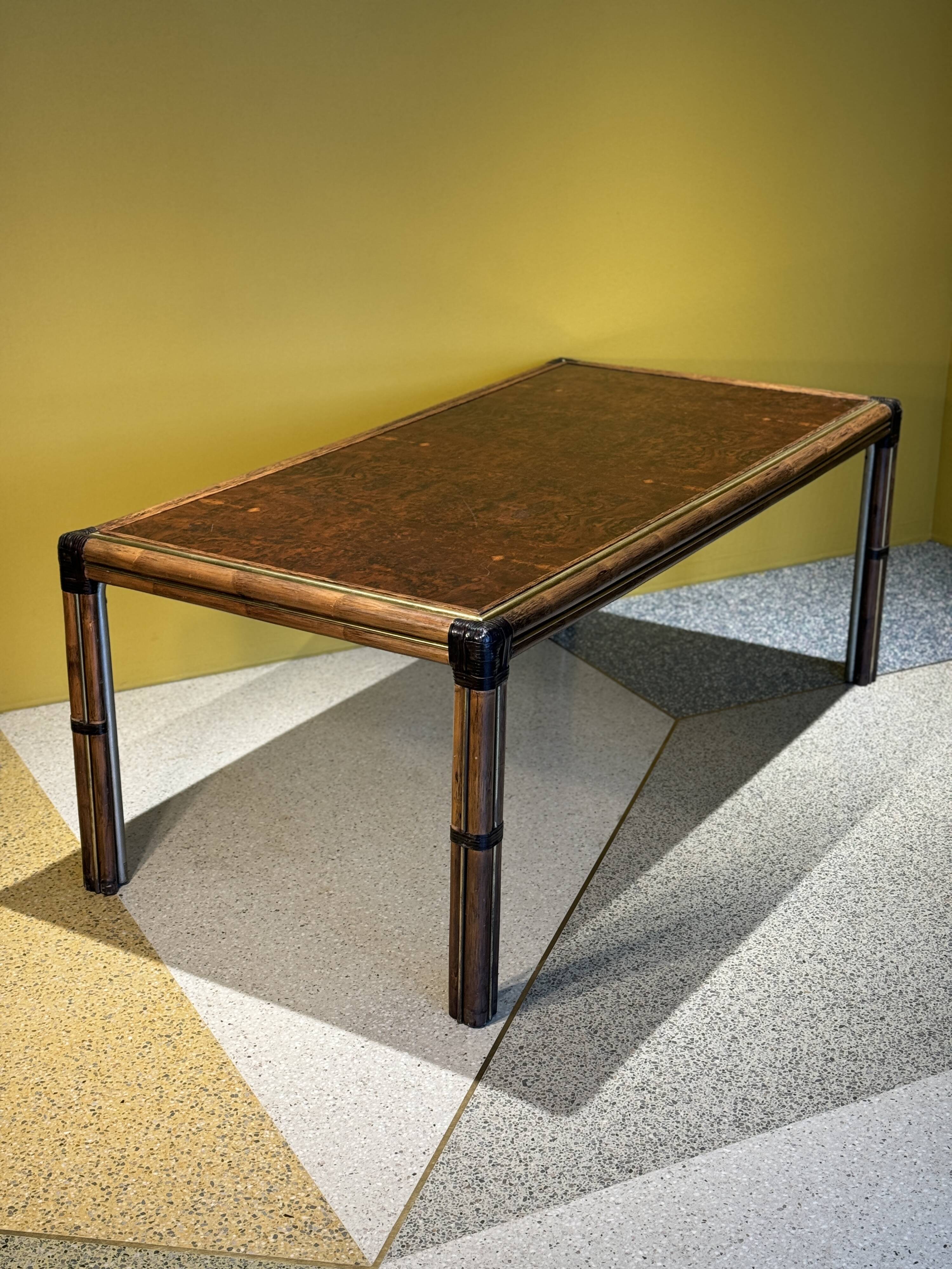 Bamboo And Burlwood Top Dining Table, Italy, 1970's