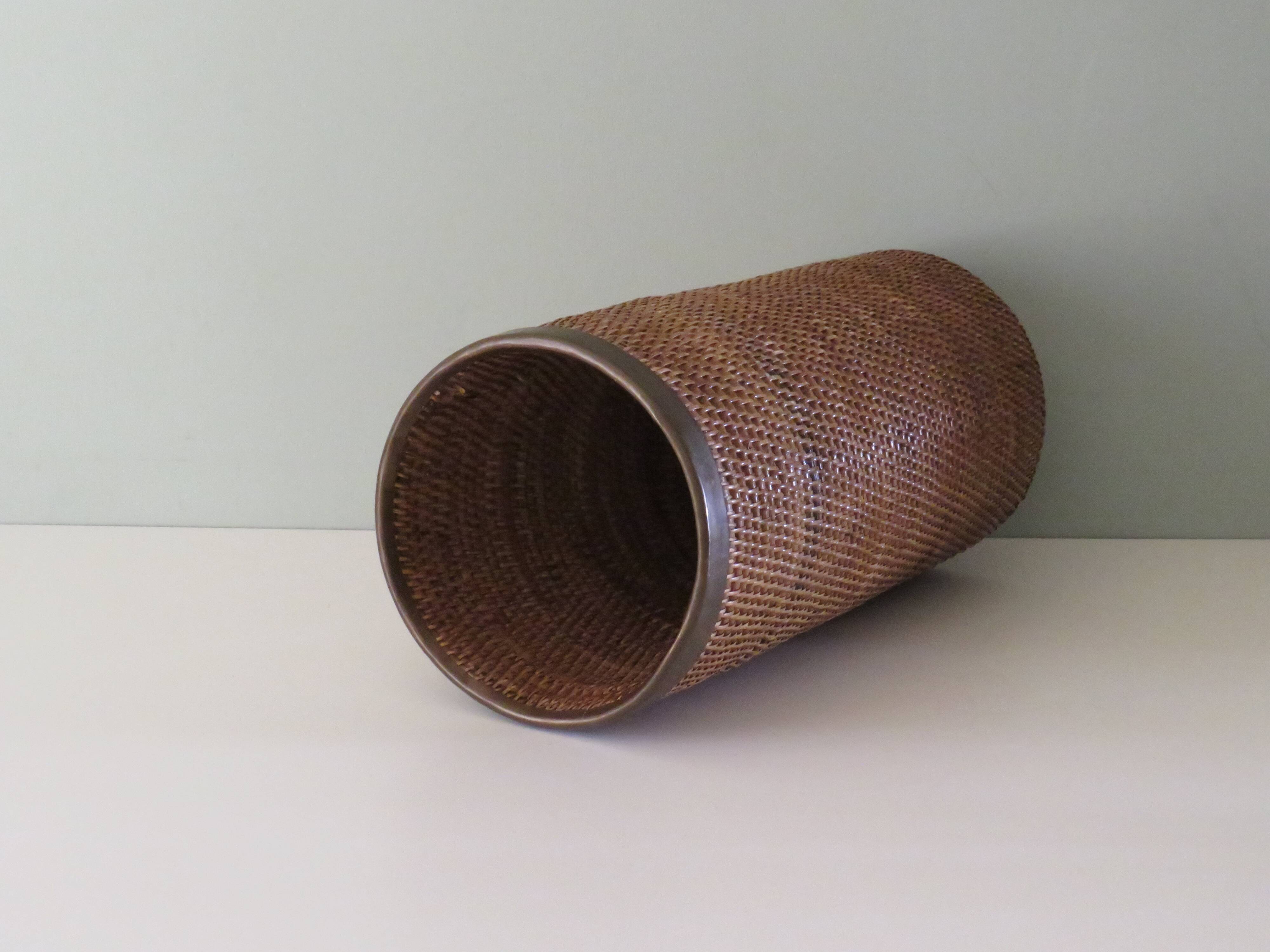 Vintage umbrella holder, rattan and bamboo with brass edge