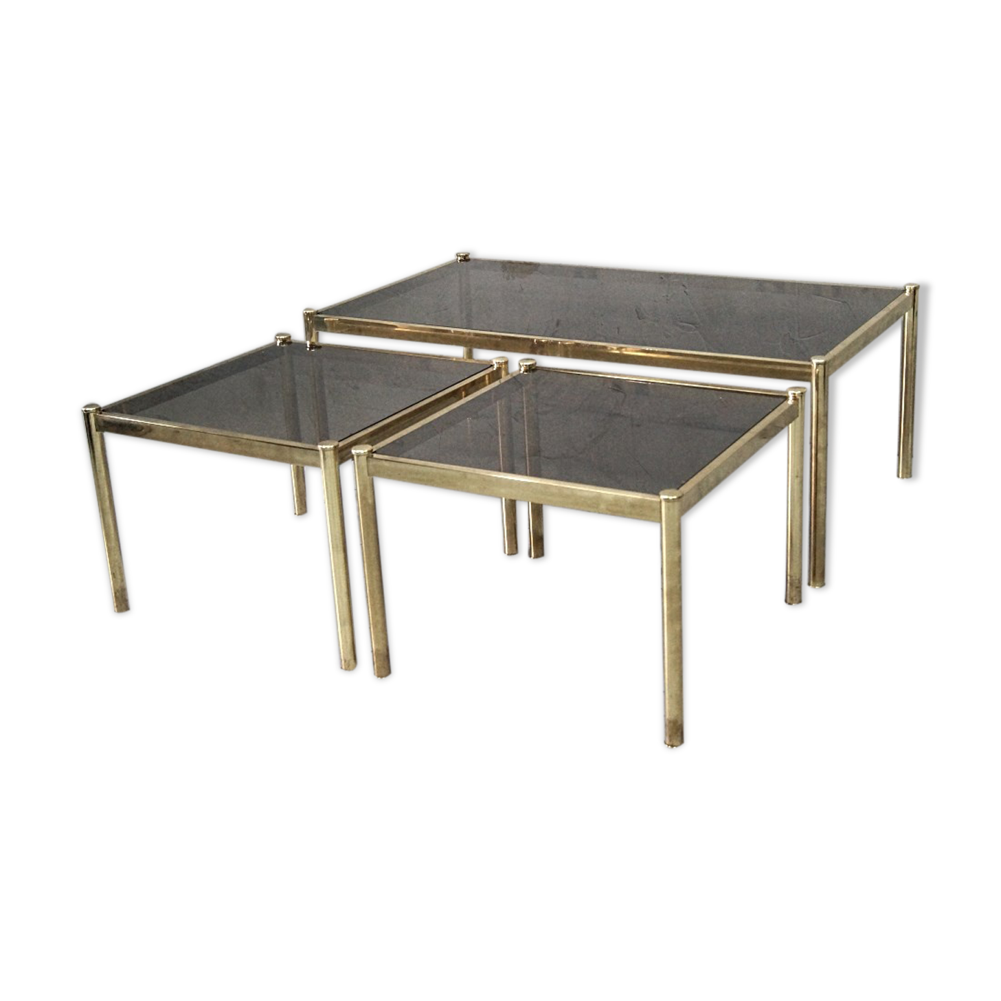 Set of 3 Italian minimalist brass coffee tables, 1970s