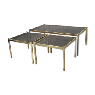 Set of 3 Italian minimalist brass coffee tables, 1970s