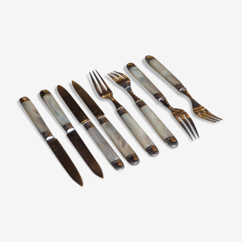 Knives and forks, XIXth, silver blades and forks, mother-of-pearl handle, minerva hallmark