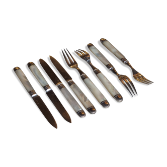 Knives and forks, XIXth, silver blades and forks, mother-of-pearl handle, minerva hallmark