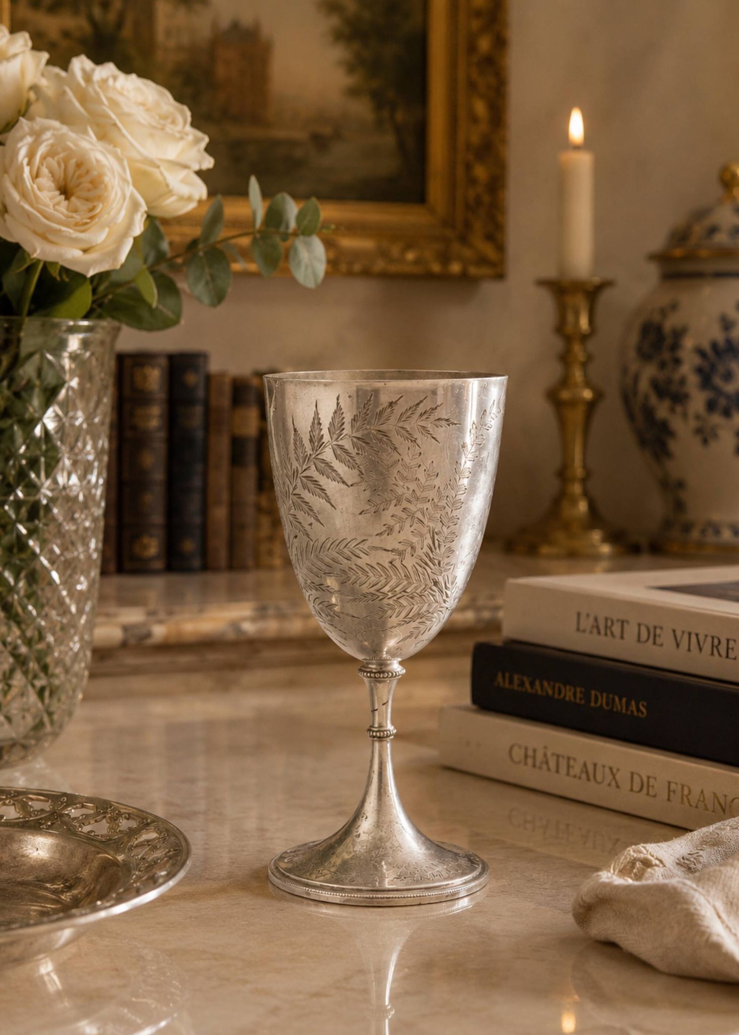 Gobelet en argent vintage gravé / Calice à vin décoratif