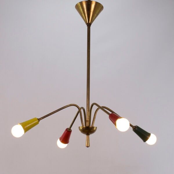 Lustre vintage 1950, 4 bras, laiton et couleurs, 60cm de diamètre