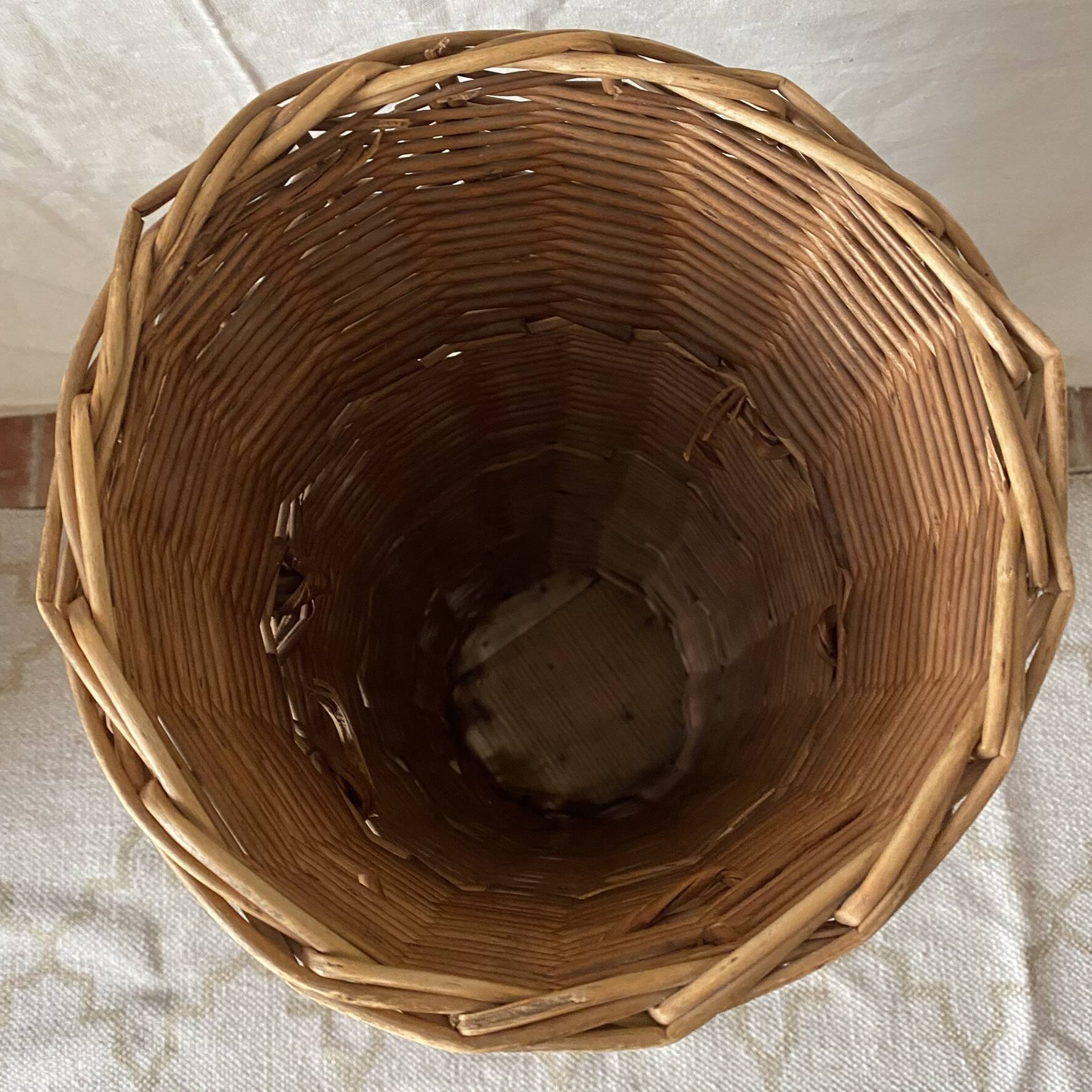 Woven wicker basket, vintage rod holder