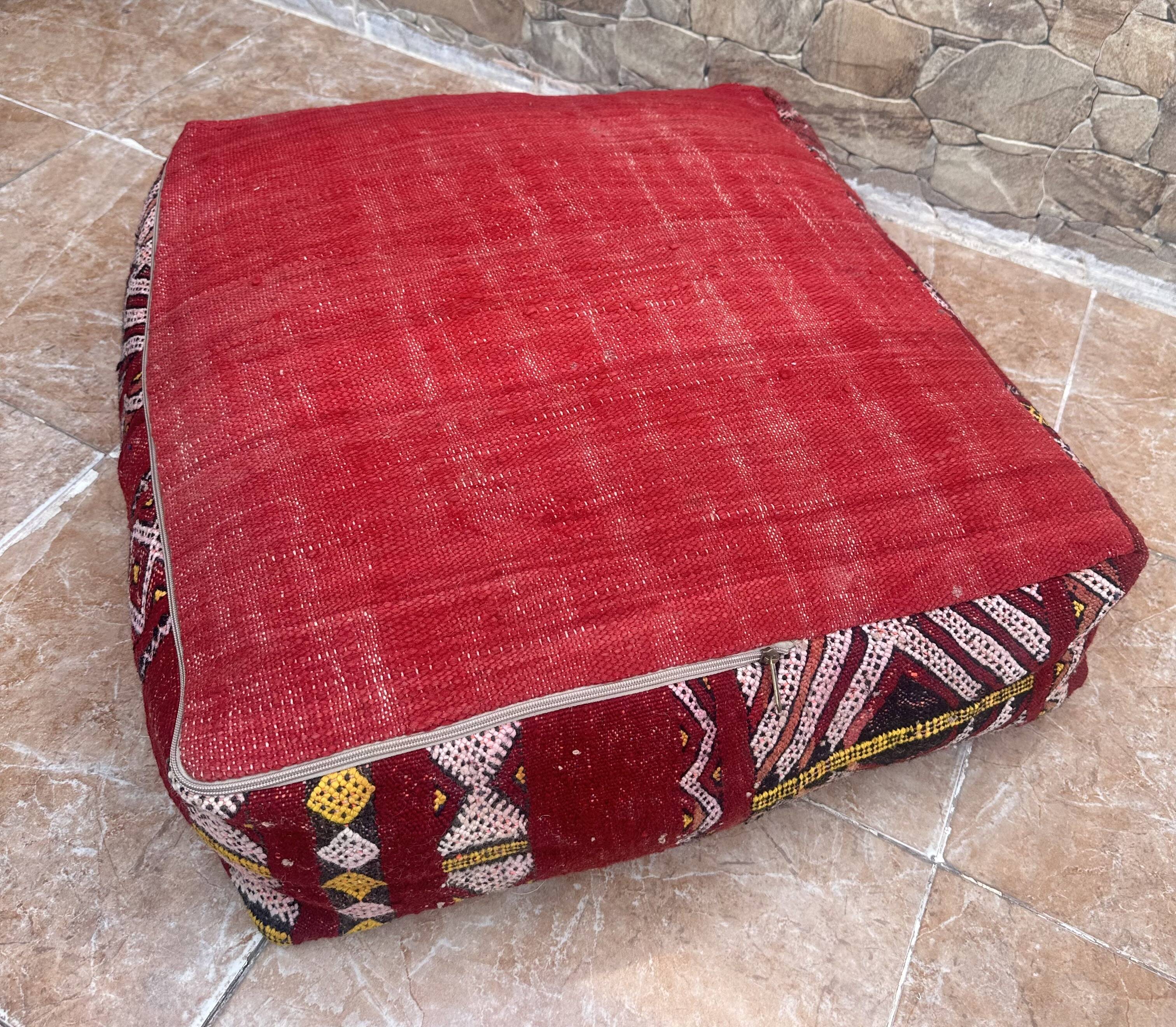 Vintage handmade Berber Kilim pouf, Moroccan floor cushion.