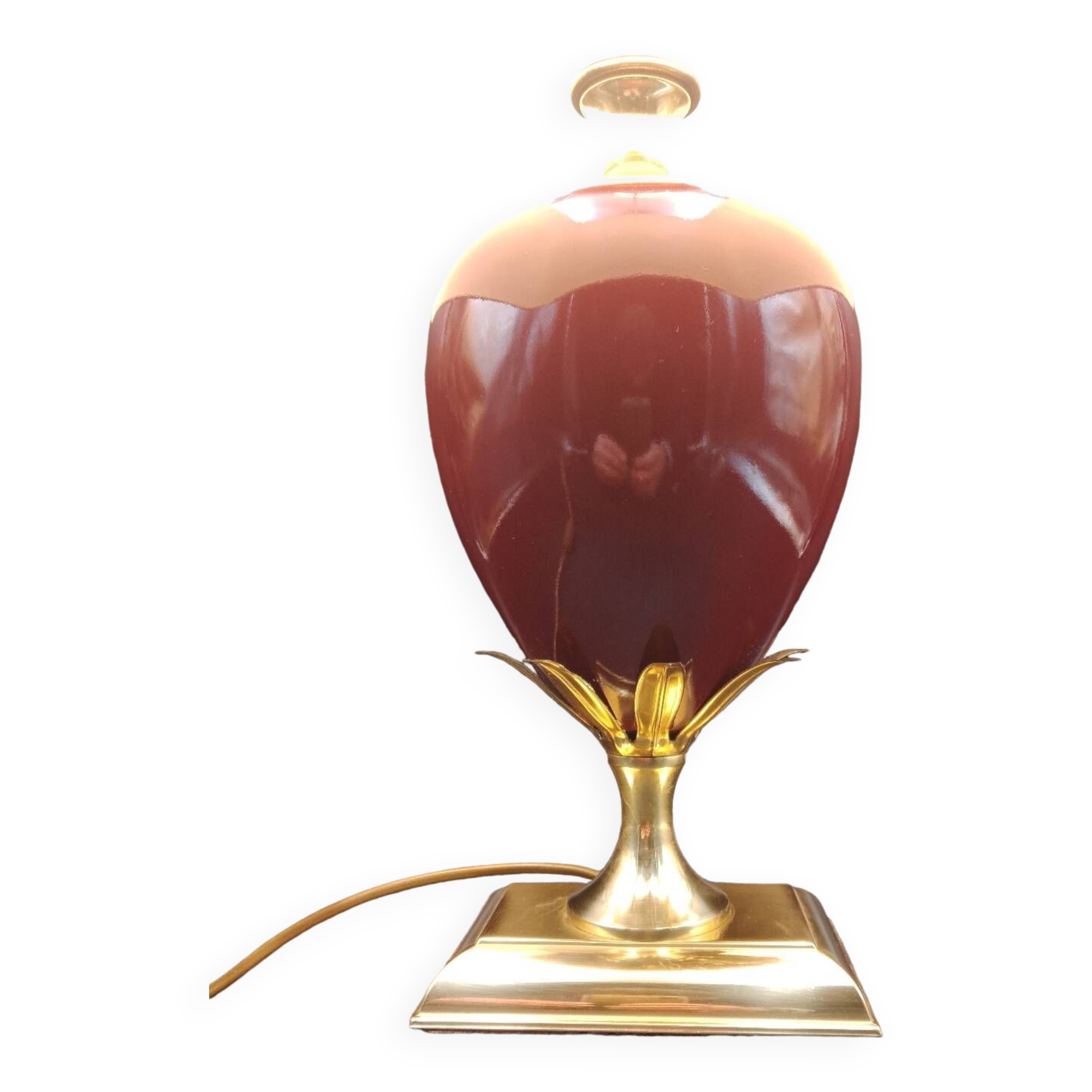Beautiful Bordeaux Porcelain and Brass Lamp Le Dauphin Model Ançay Annanas