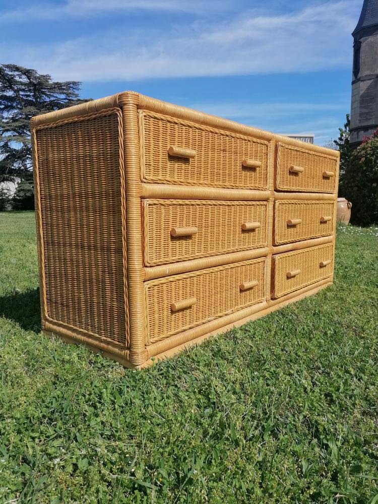 Rattan bamboo chest of drawers 1970 vintage