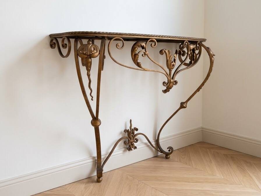 Golden wrought iron console and mirror in rococo style.