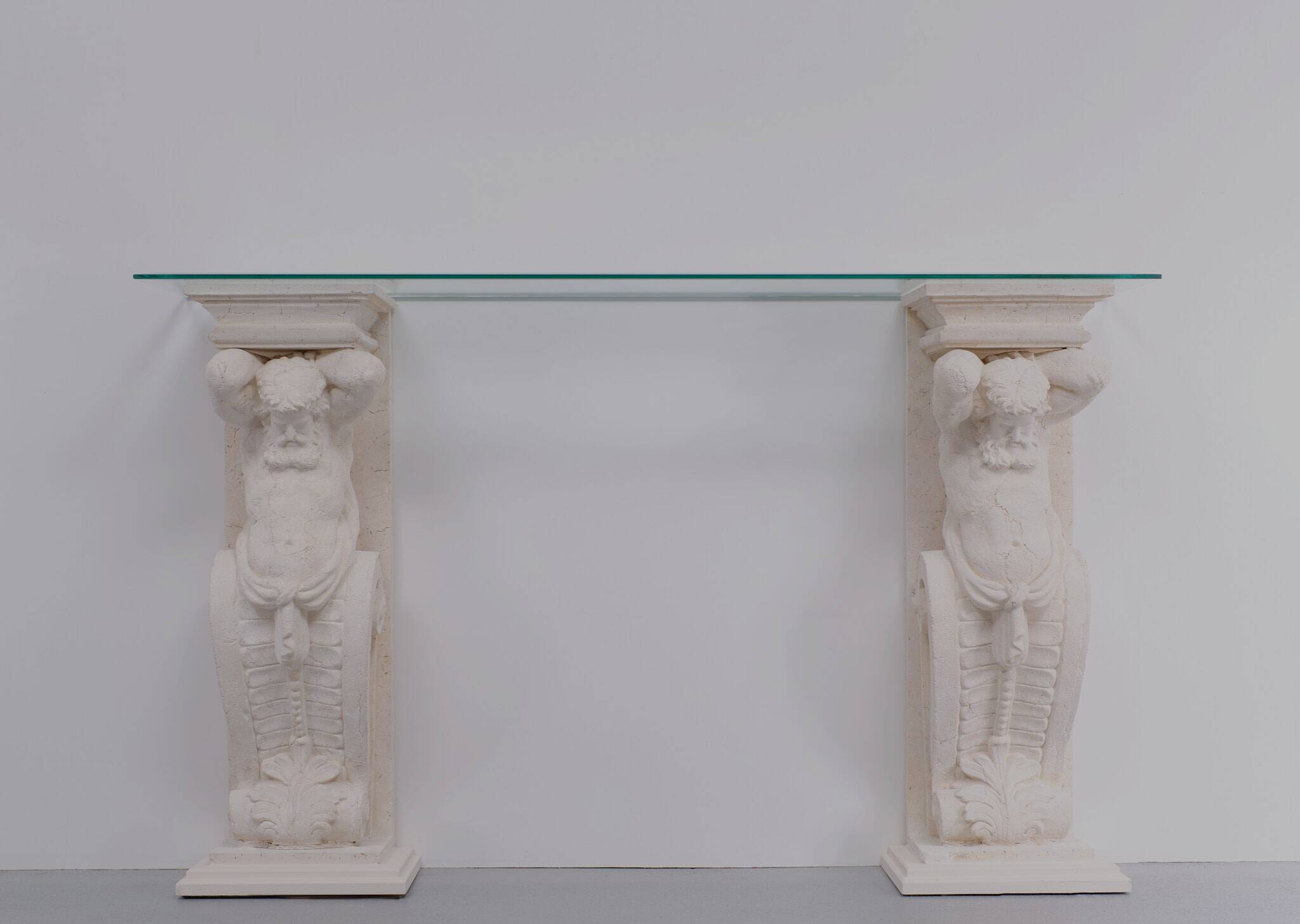 1970s Classic Greek Console Table with Cast Stone and Glass Top