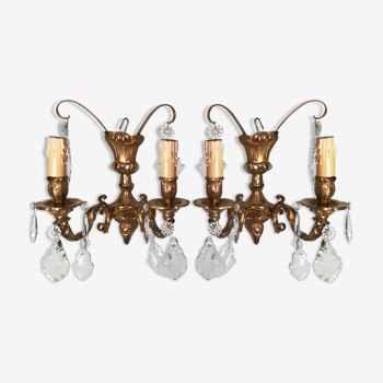 Paire d'appliques anciennes bronze et cristal