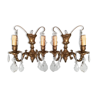 Pair of ancient bronze and crystal wall light