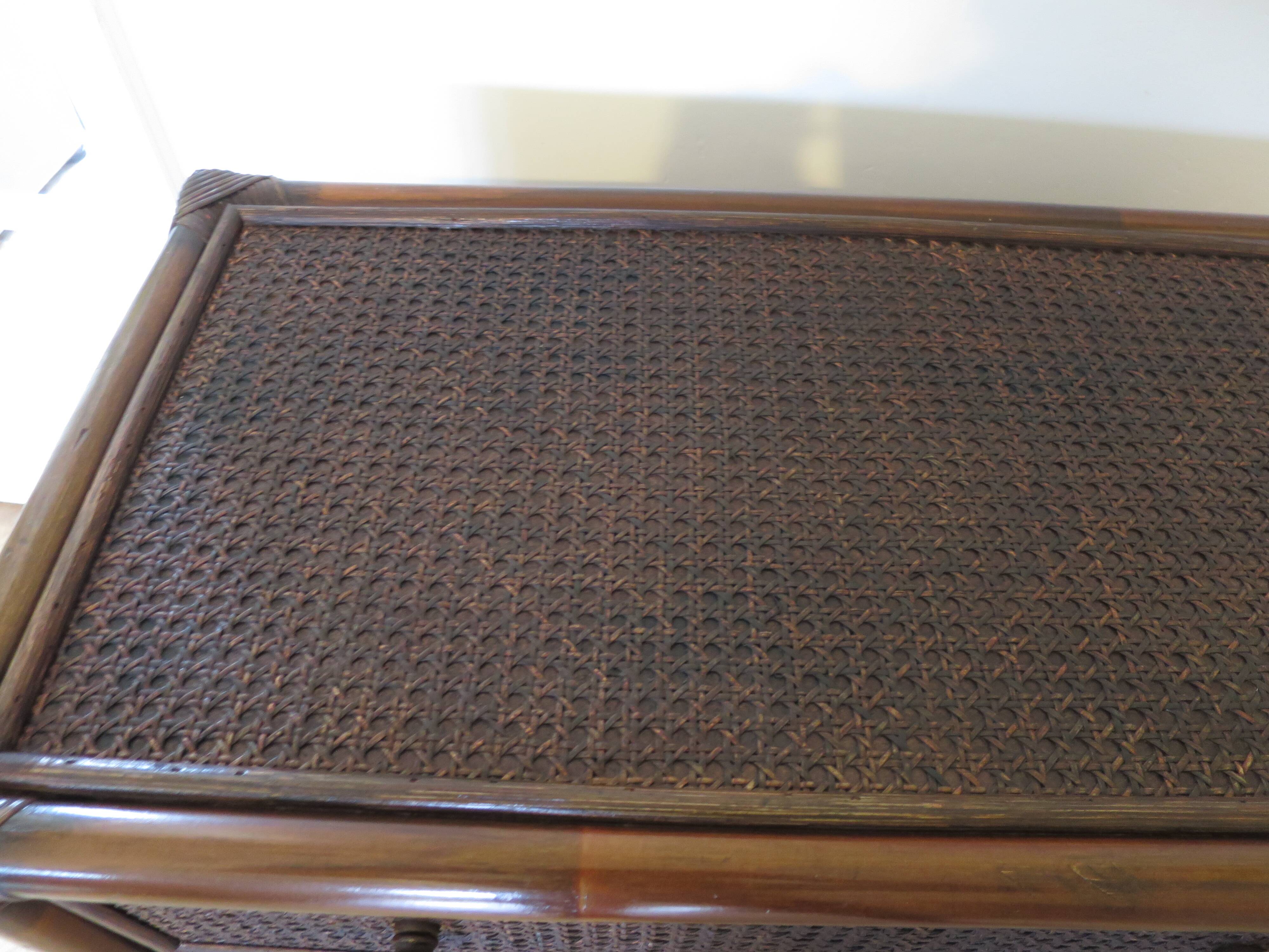 Vintage 3-drawer chest of drawers - wood, bamboo and woven rattan - 1980s