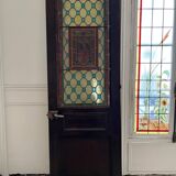 Porte ancienne en bois merisier teinté avec vitrail (XIXe/XXe siècle)