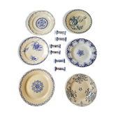 Lot of 6 mismatched old flat plates in bright blue earthenware and