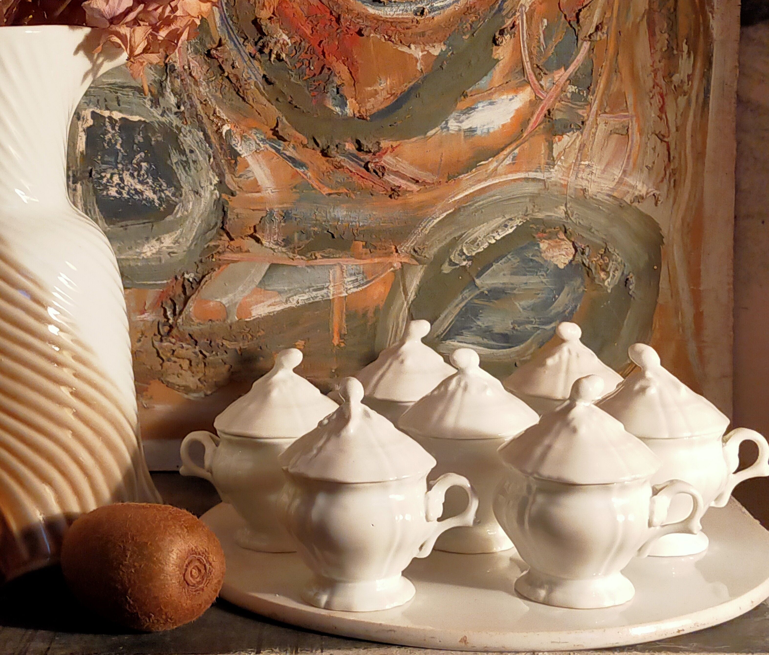 Set of seven covered pots and tray old white slurry nineteenth