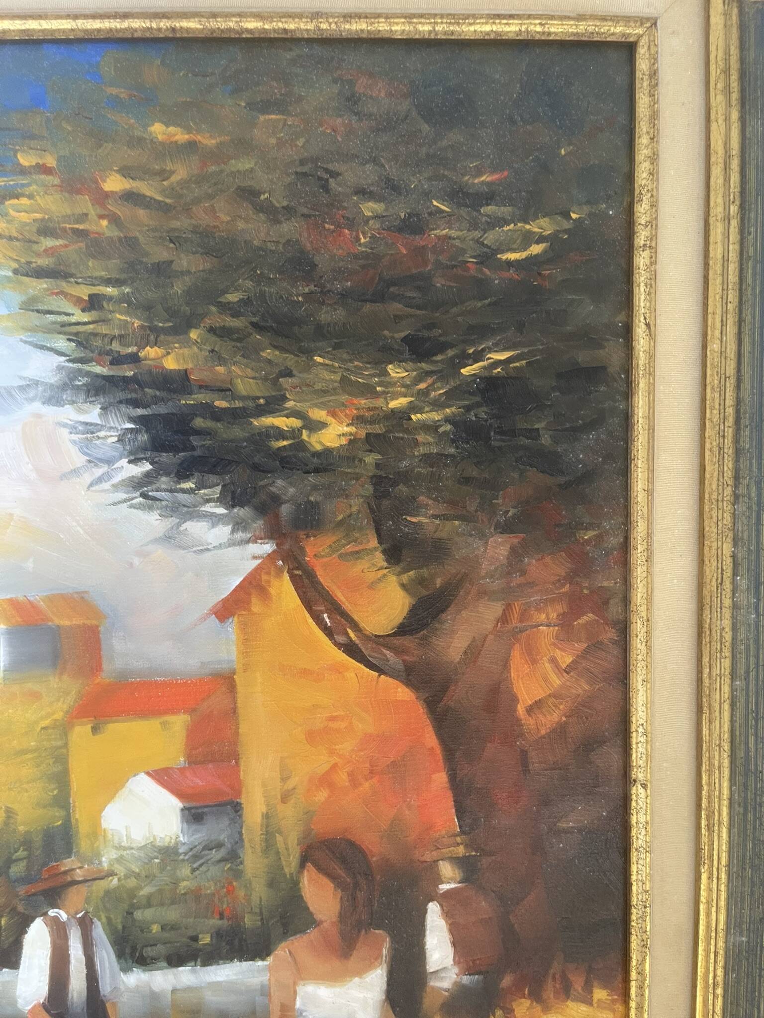 Old Oil Painting Canvas Landscape Peasant Work Provence