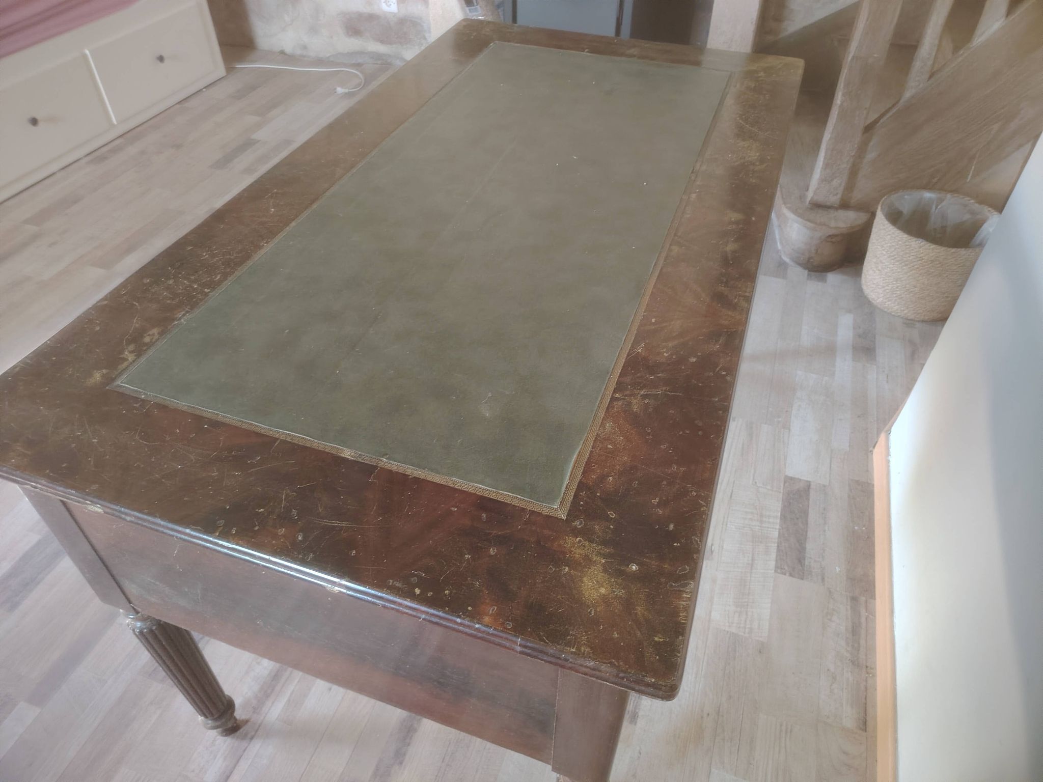 Antique Louis XVI style desk – mahogany – green leather – 5 drawers