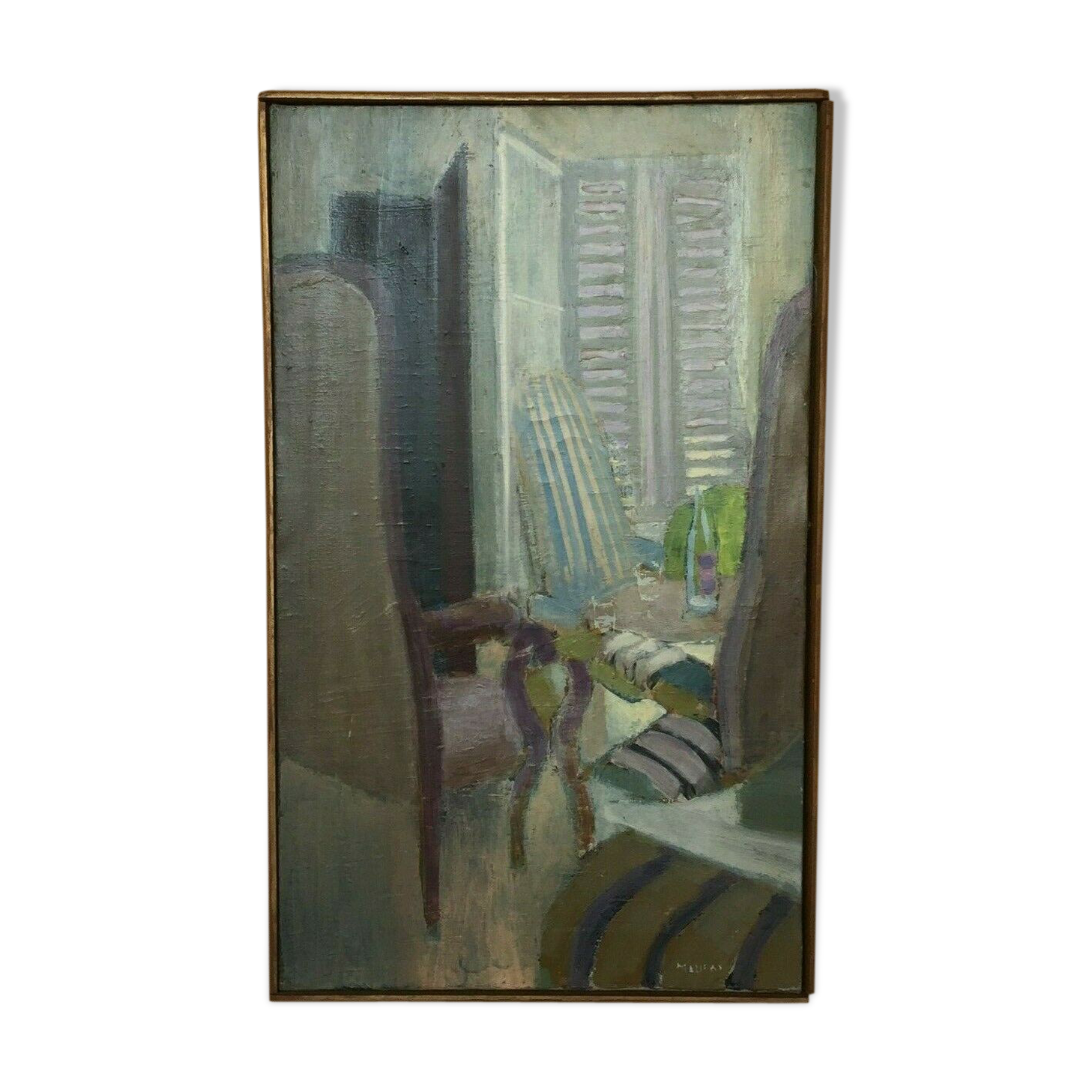 OIL ON CANVAS JEAN MAUFAY ABSTRACT COMPOSITION SCENE OF INTERIOR