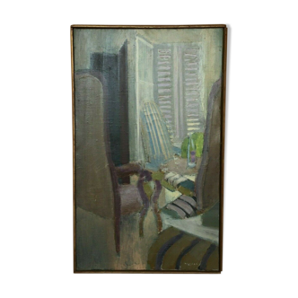 OIL ON CANVAS JEAN MAUFAY ABSTRACT COMPOSITION SCENE OF INTERIOR