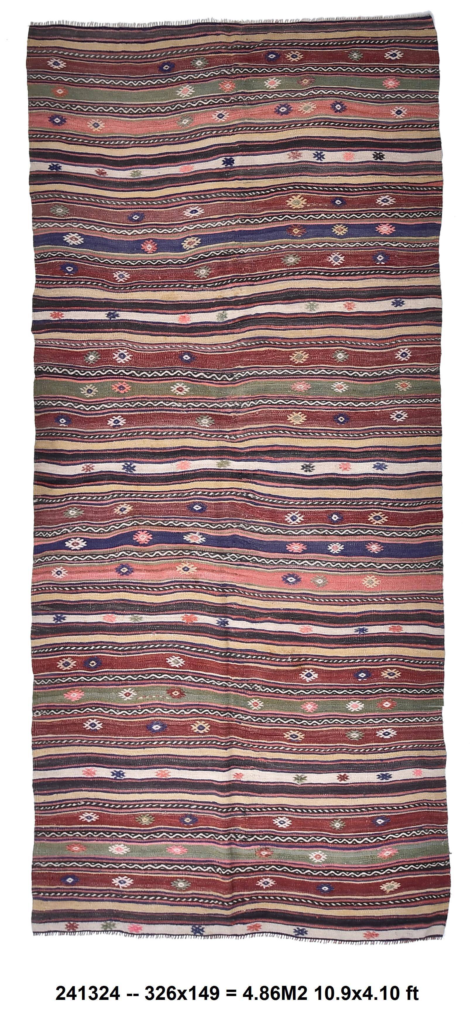 5x11 Red Blue Vintage Kilim Rug 149x326Cm