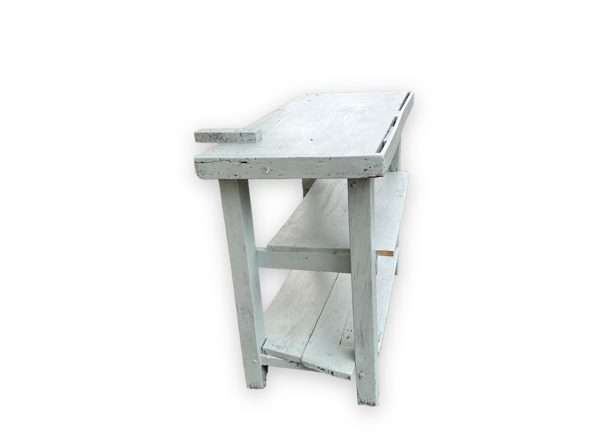 Light blue painted wooden workbench