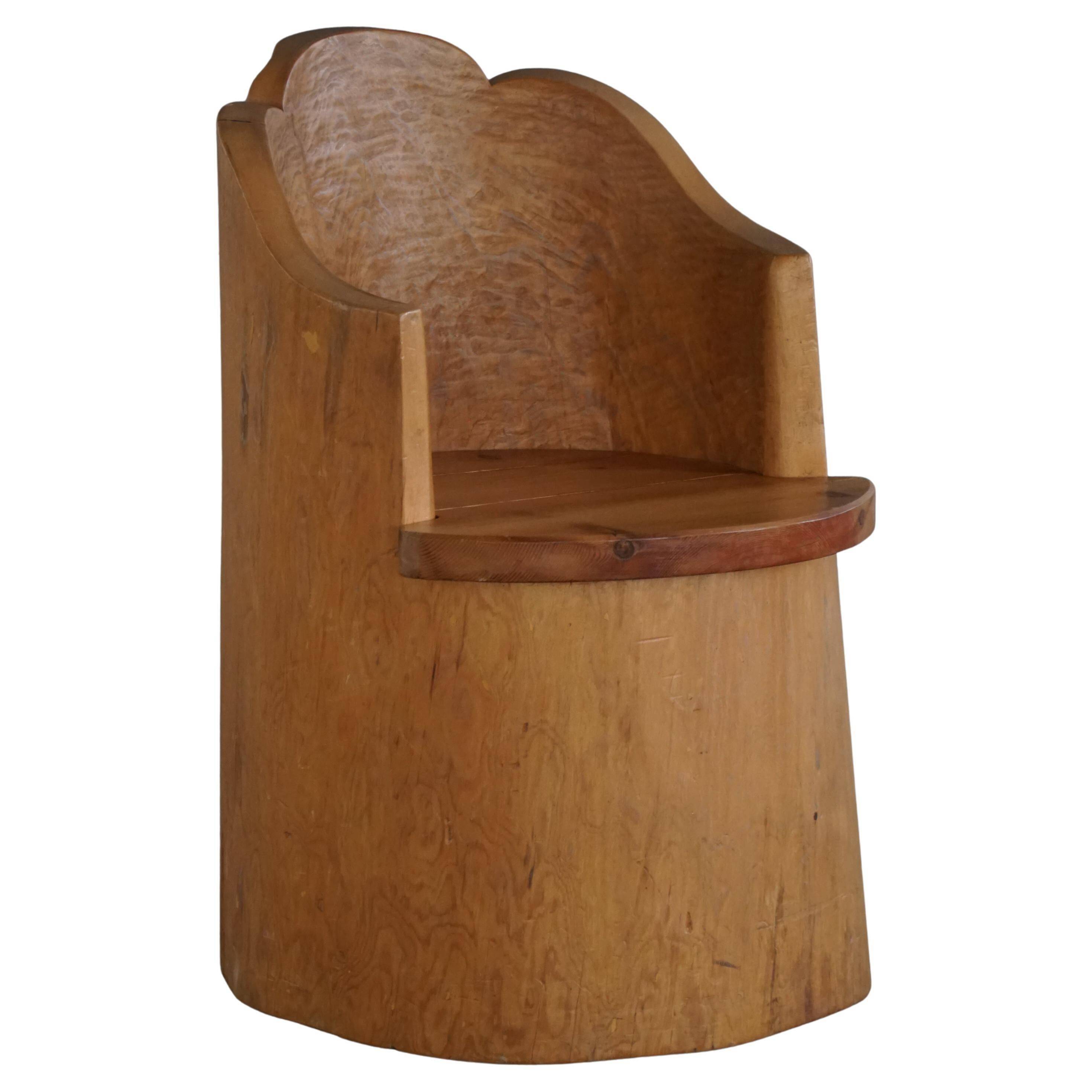 Fauteuil Stump Moderne en Pin Massif, par un Ébéniste Suédois, Wabi Sabi, années 1960