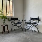 Pair of leather “curule” emperor armchairs