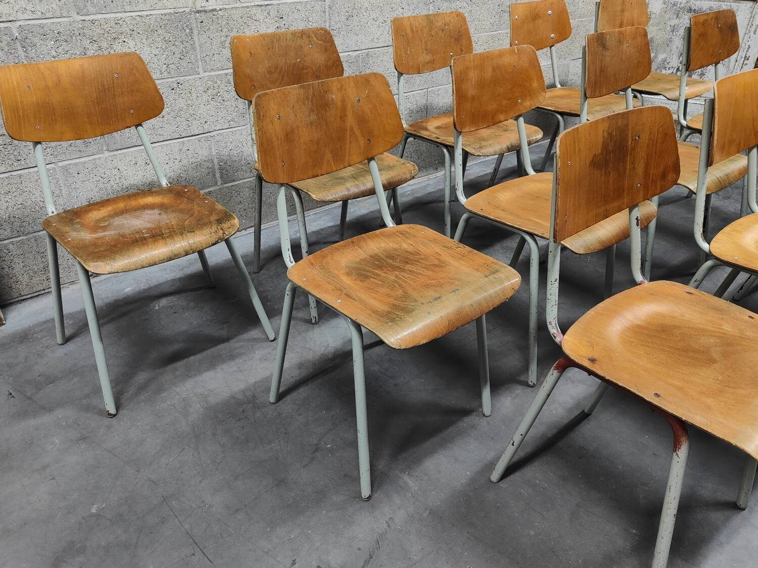 Set of 12 metal and wood school chairs Czechoslovakia Kovona