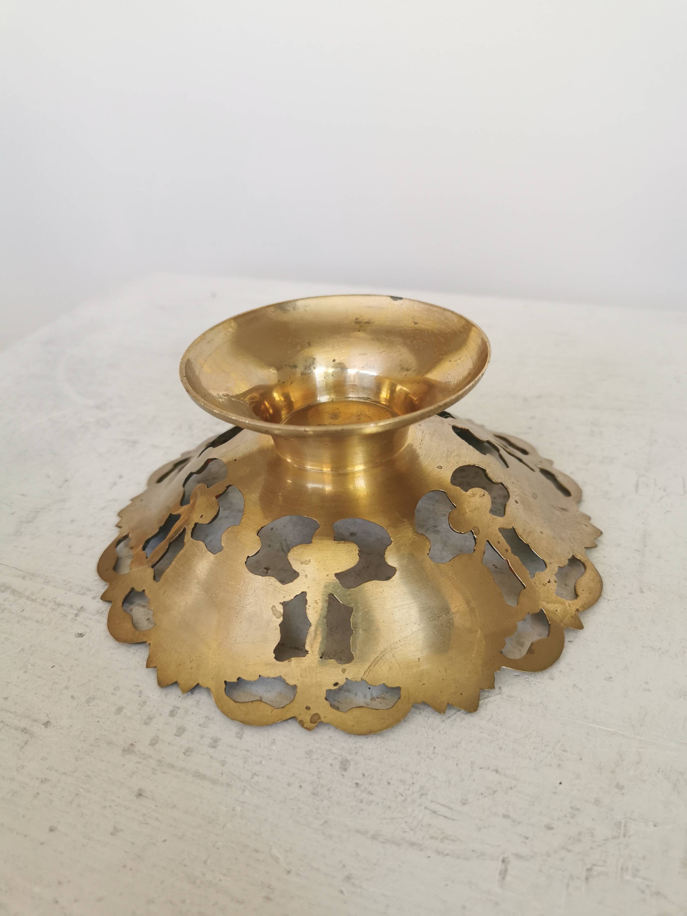 Vintage Brass Pedestal Bowl: Floral Motif, Red Blue Green Painted