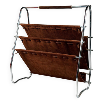 60s 70s Newspaper Holder Magazine Rack Metal Leather Mid Century Design
