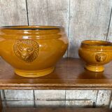 Antique Soup Tureen + 6 Onion Bowls Beige Ceramic Lion Head Vintage #B578