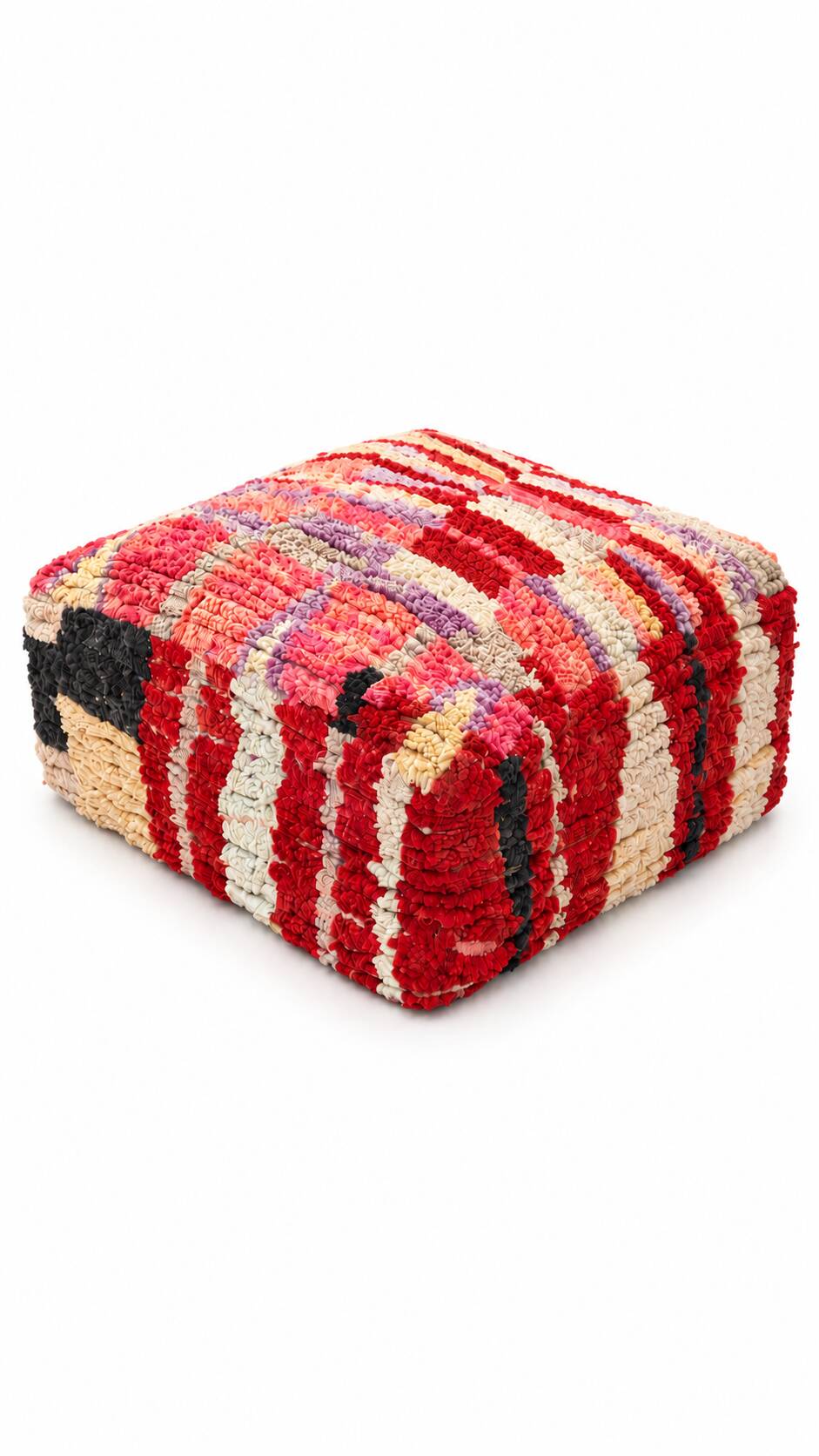 Vintage Moroccan pouf in multicoloured handmade wool.