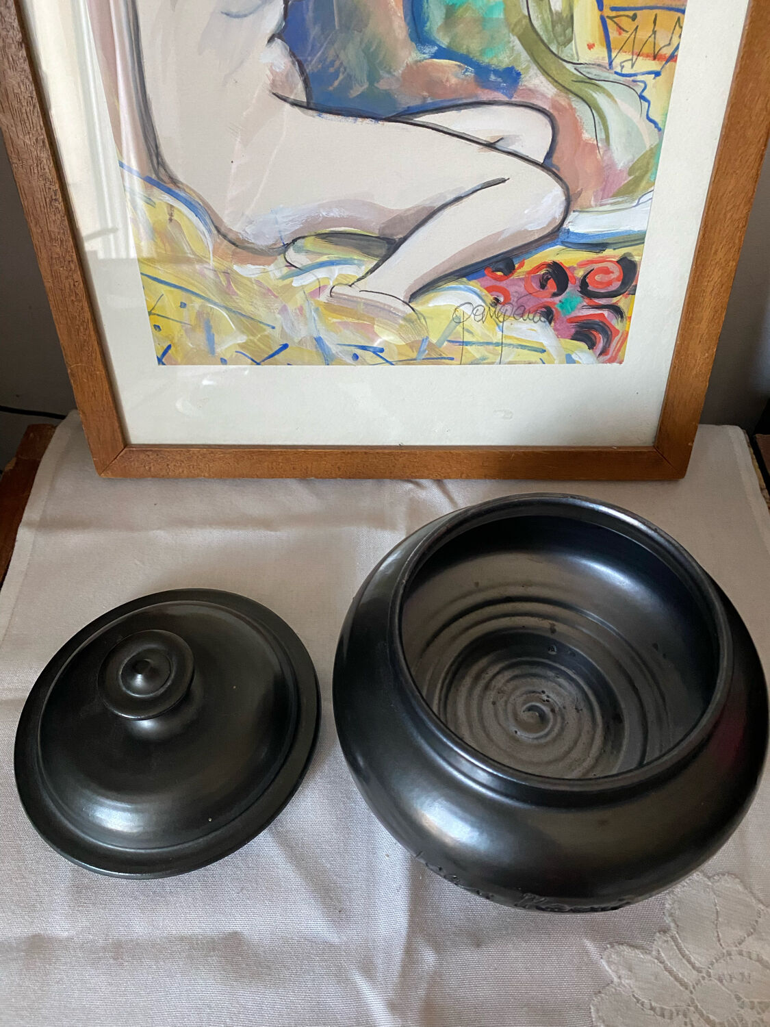 Vintage black ceramic bonbonnière from Vallauris signed Jean Marais