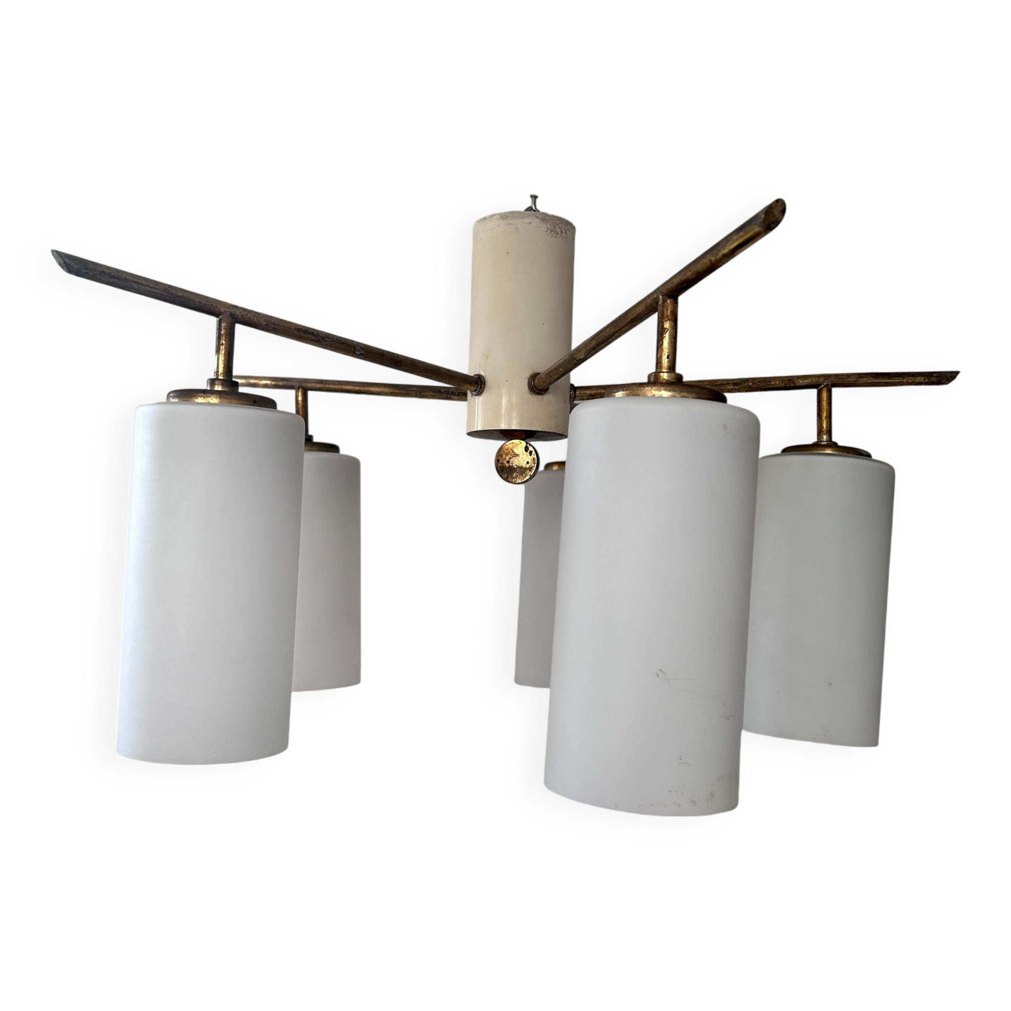 Vintage Italian ceiling light, brass and opaline, 1950