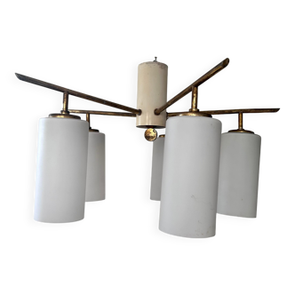 Vintage Italian ceiling light, brass and opaline, 1950