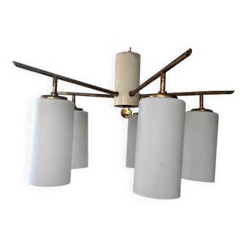 Vintage Italian ceiling light, brass and opaline, 1950