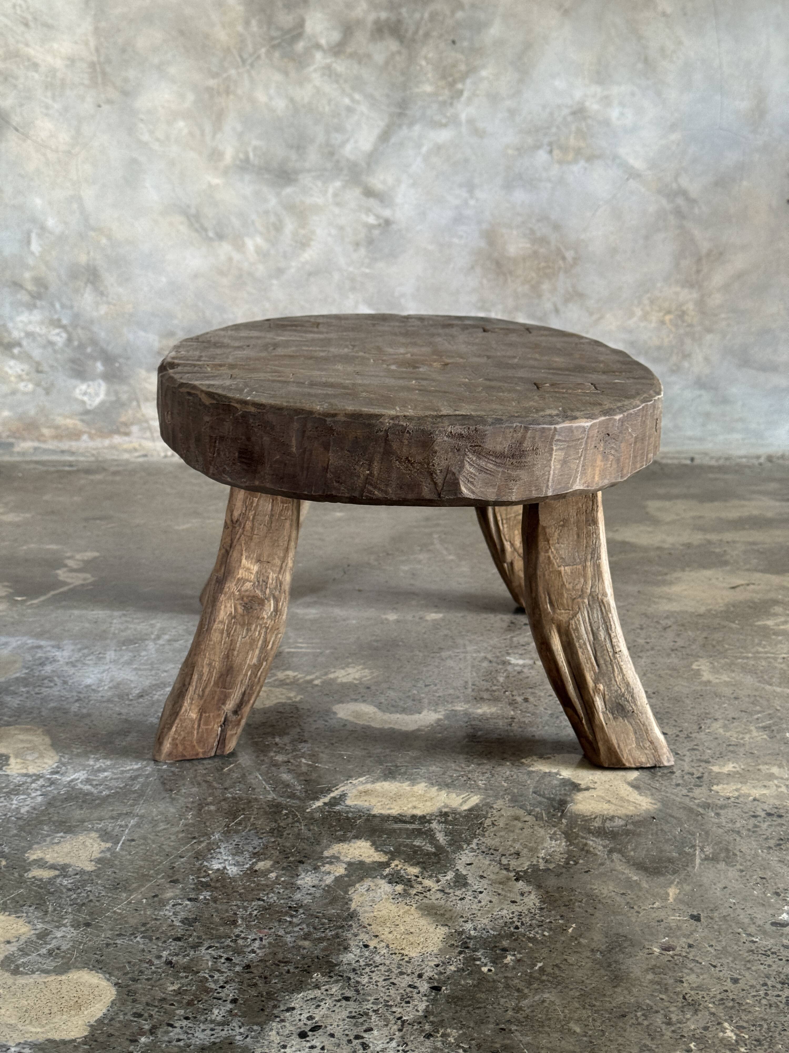 Small stool or small oval side table in solid teak wabi-sabi H24 53