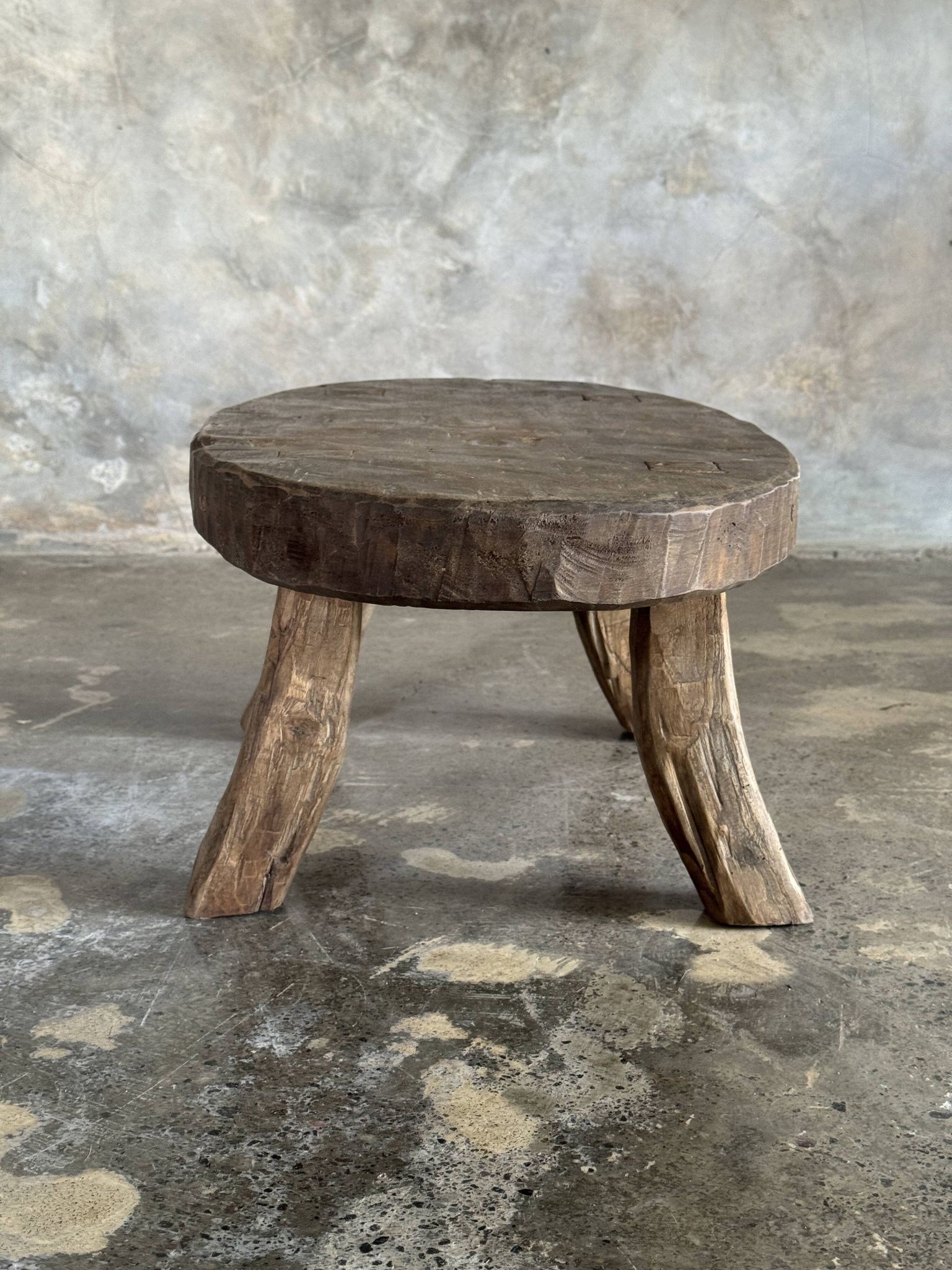 Small stool or small oval side table in solid teak wabi-sabi H24 53