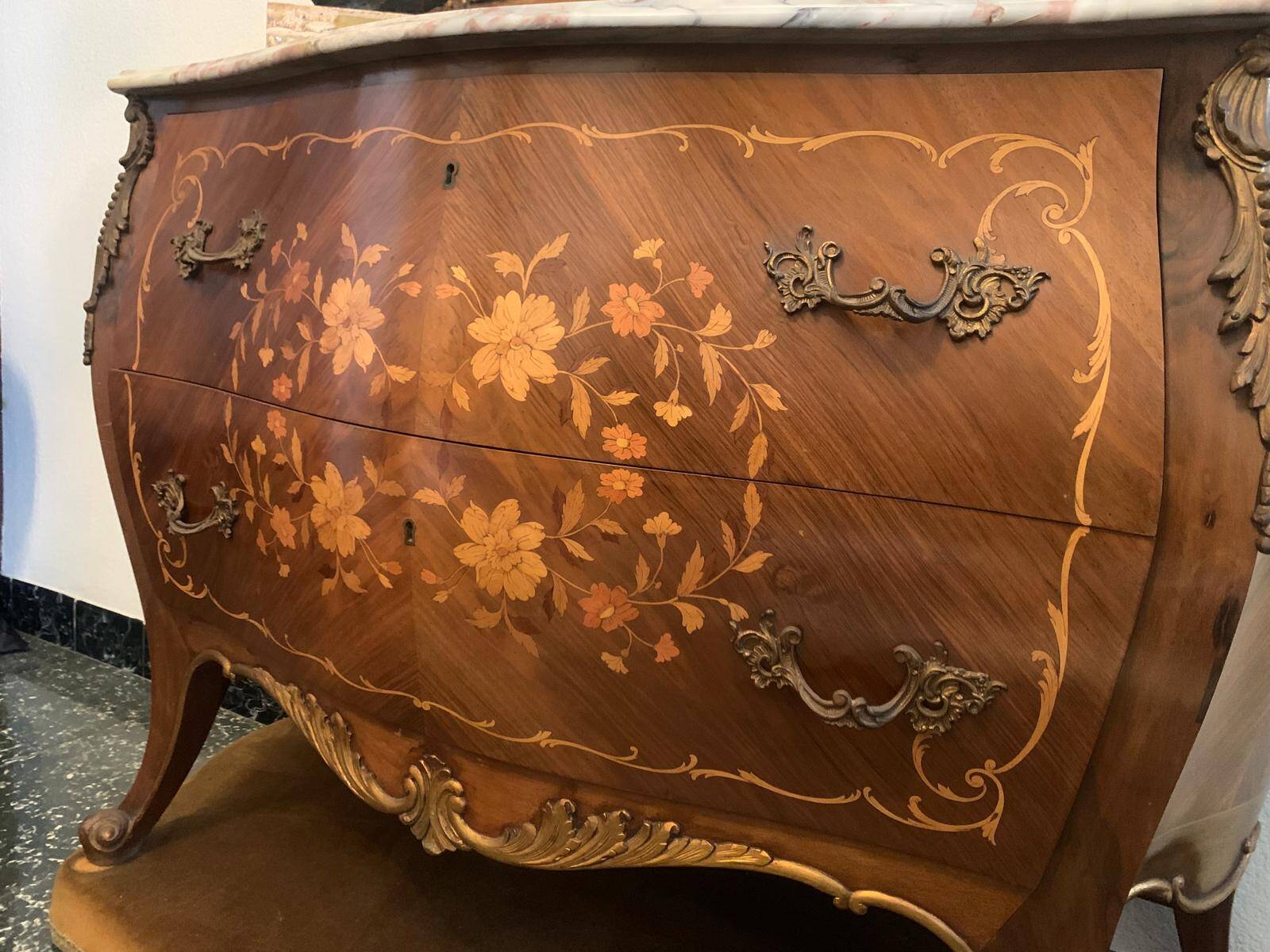 Walnut chest of drawers with marquetry and marble, 1958