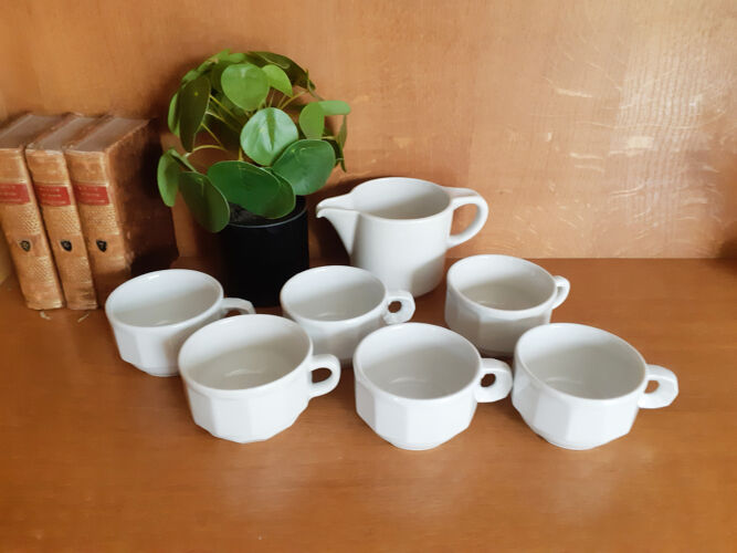 Tasses à café de bistrot  blanches et crémier, en porcelaine, Apilco et Helvet