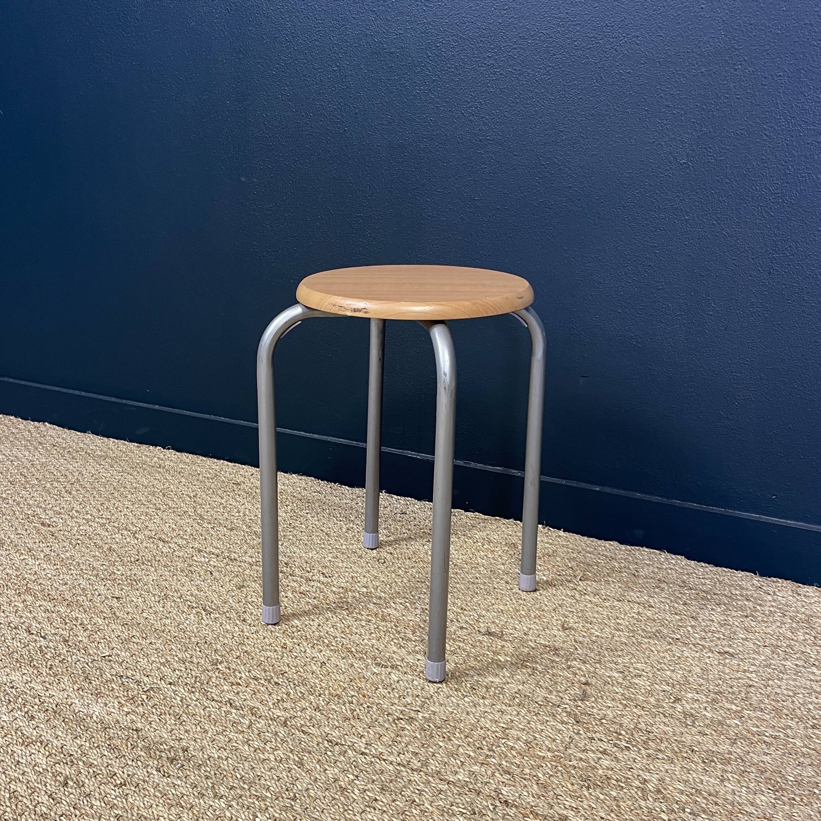 Set of 5 wooden school stools with gray metal legs