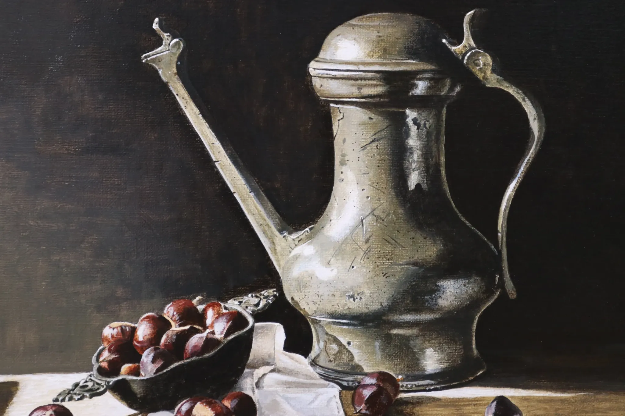 Still life with Jan Steen jug and chestnuts – Marjolein van den Berg