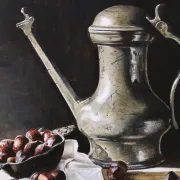 Still life with Jan Steen jug and chestnuts – Marjolein van den Berg