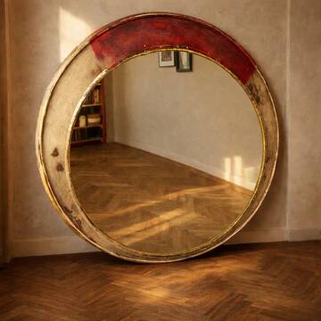 Vintage round mirror with an industrial metal frame in a painted finish.