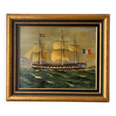 Marine, Frigate with tricolour, oil on canvas signed Madon
