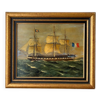 Marine, Frigate with tricolour, oil on canvas signed Madon