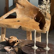 Brown petrified wood coffee table from Indonesia with a double circular top.