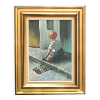 vintage gold frame sitting boy sidewalk
